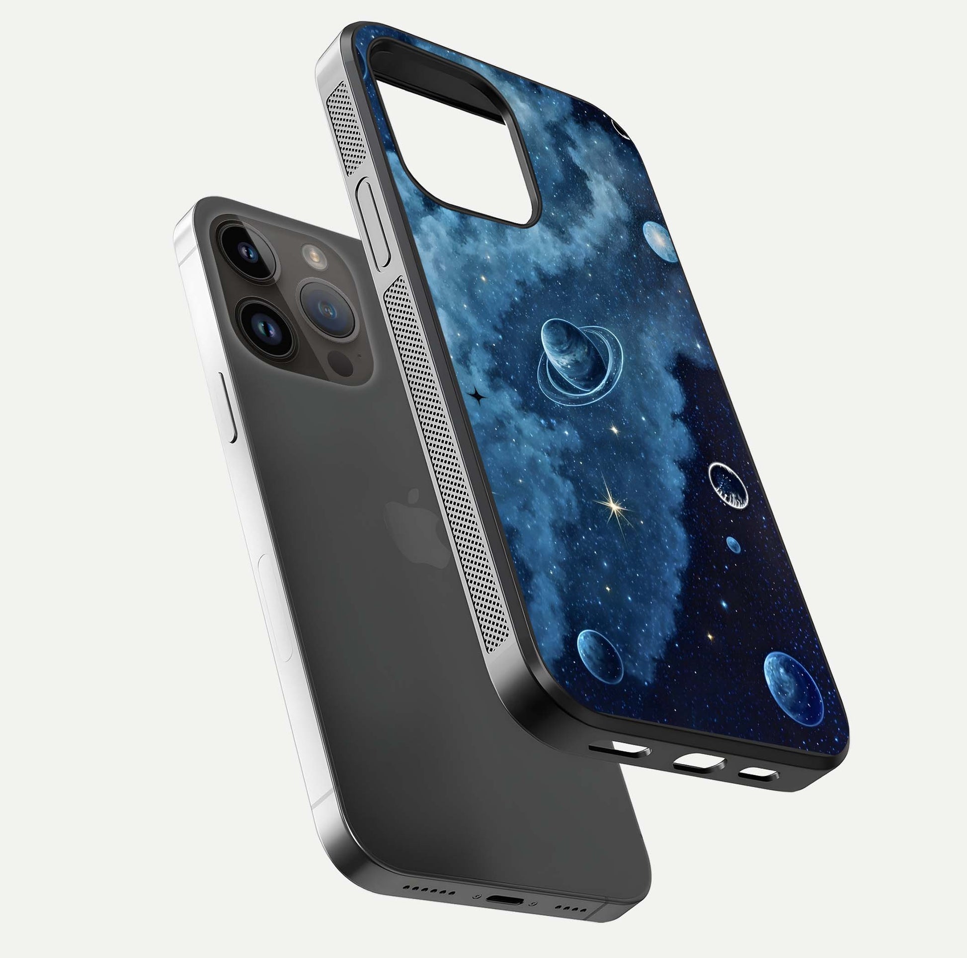 Galaxy Dream Space Glass Case for iPhone 14 Pro Max floating dual-view mockup showing glossy finish and celestial depth