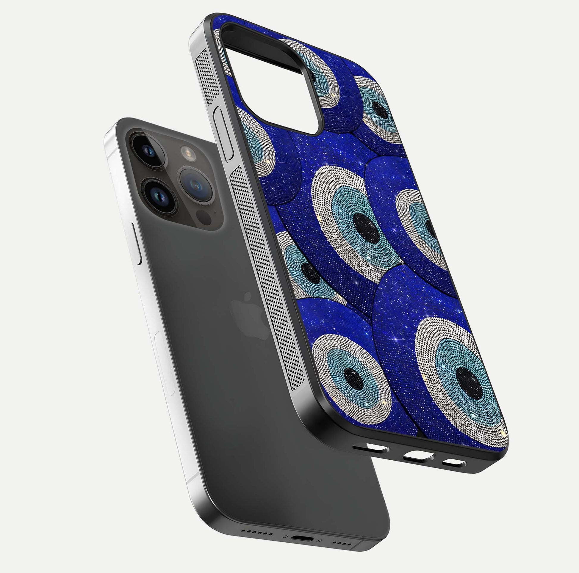 Galaxy Eye Flow Glass Case for iPhone 14 Pro Max floating dual-view mockup showing gloss polish and glowing tones