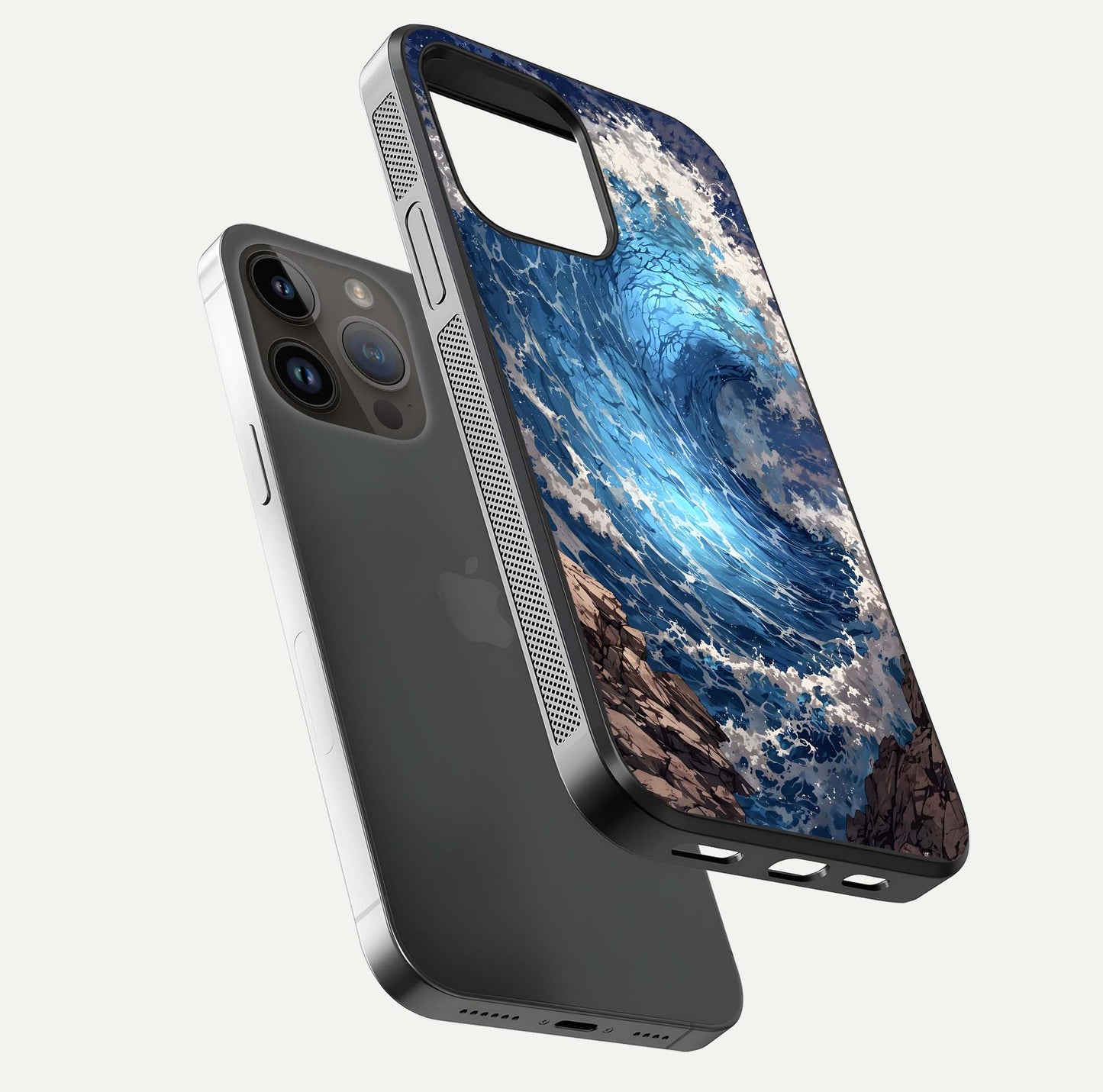 Giant Ocean Wave Glass Case for iPhone 14 Pro Max floating dual-view mockup showing glossy depth and aquatic blue gradient