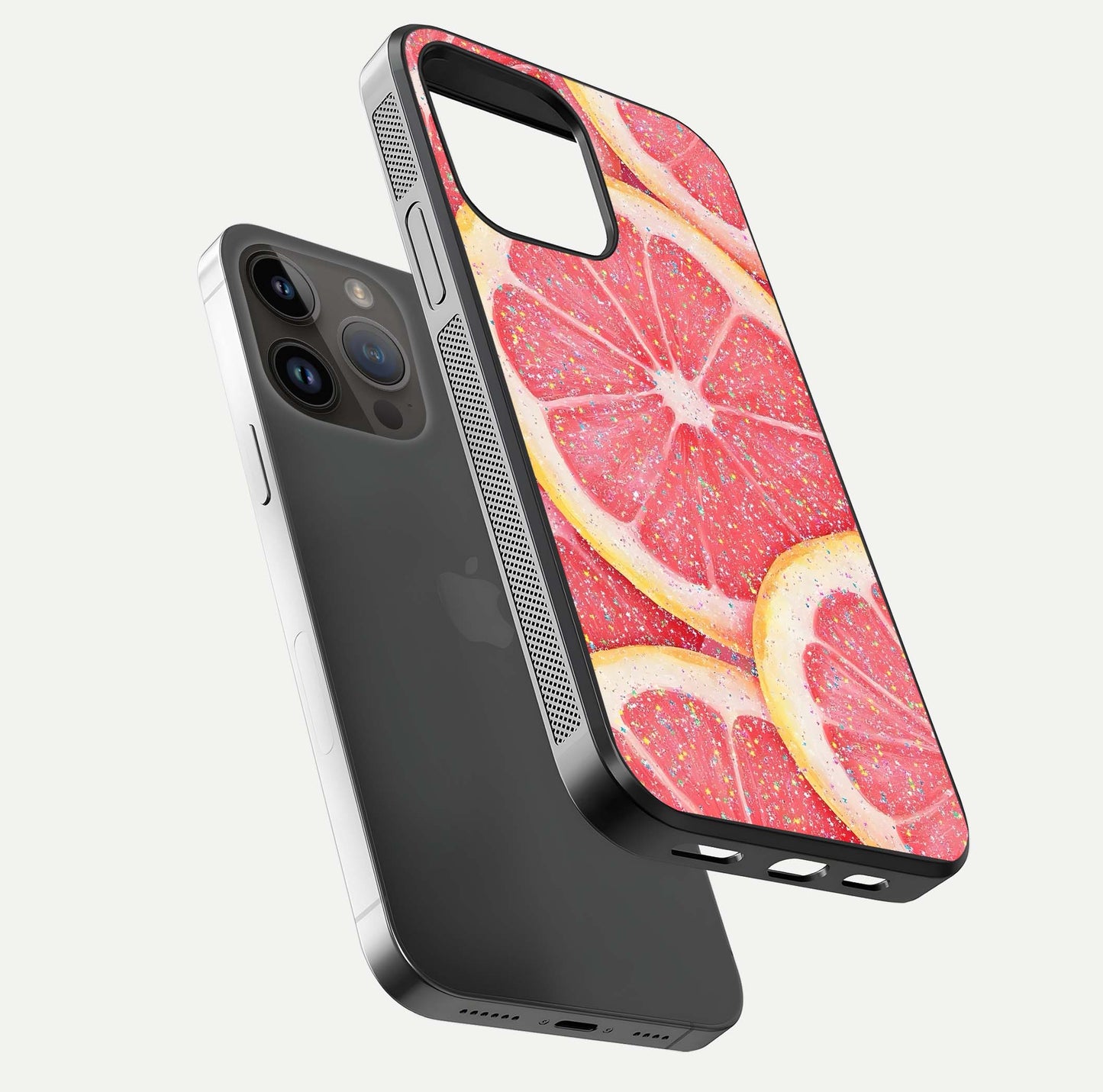 Glitter Grapefruit Glass Case for iPhone 14 Pro Max floating dual-view mockup showing HD gloss and fresh color detail