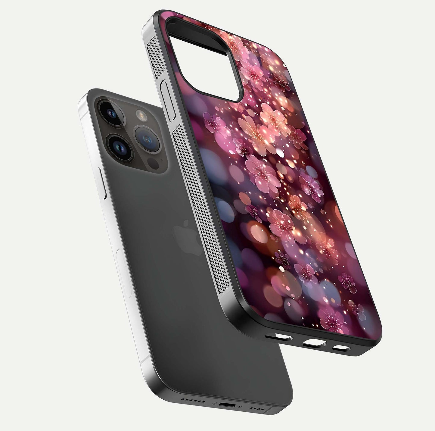 Glowing Petal Bliss Glass Case for iPhone 14 Pro Max floating dual-view mockup showing gloss brightness and delicate tone