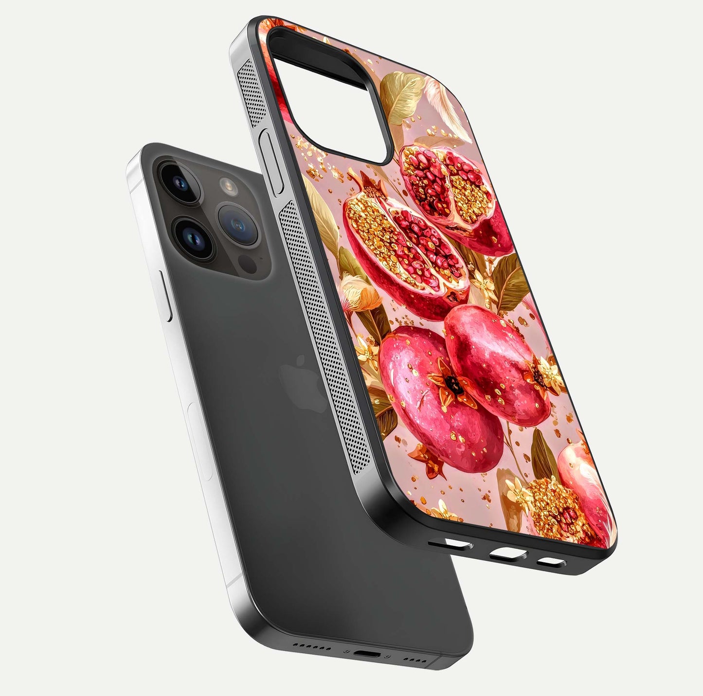 Golden Bloom Glow Glass Case for iPhone 14 Pro Max floating dual-view mockup showing glossy shine and golden shimmer
