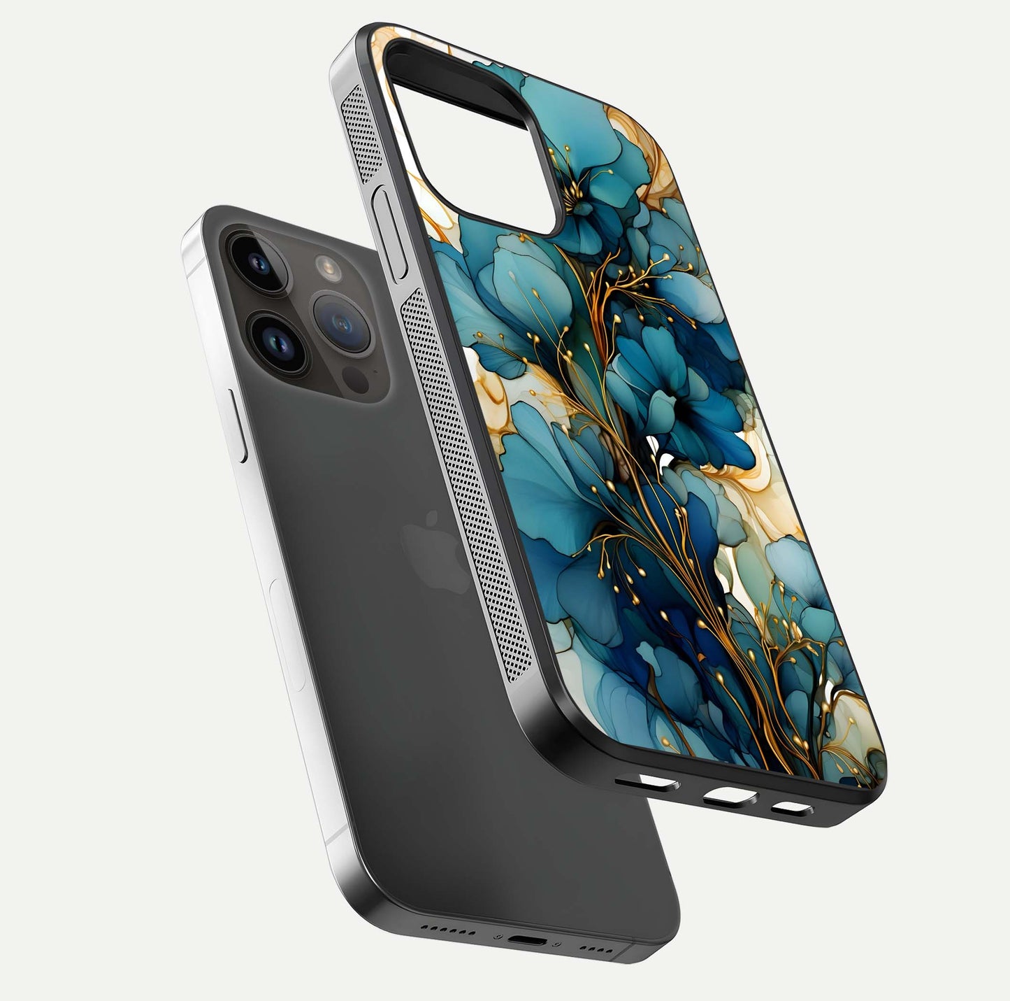 Golden Bloom Symphony Glass Case for iPhone 14 Pro Max floating dual-view mockup displaying shine texture and luxury pattern