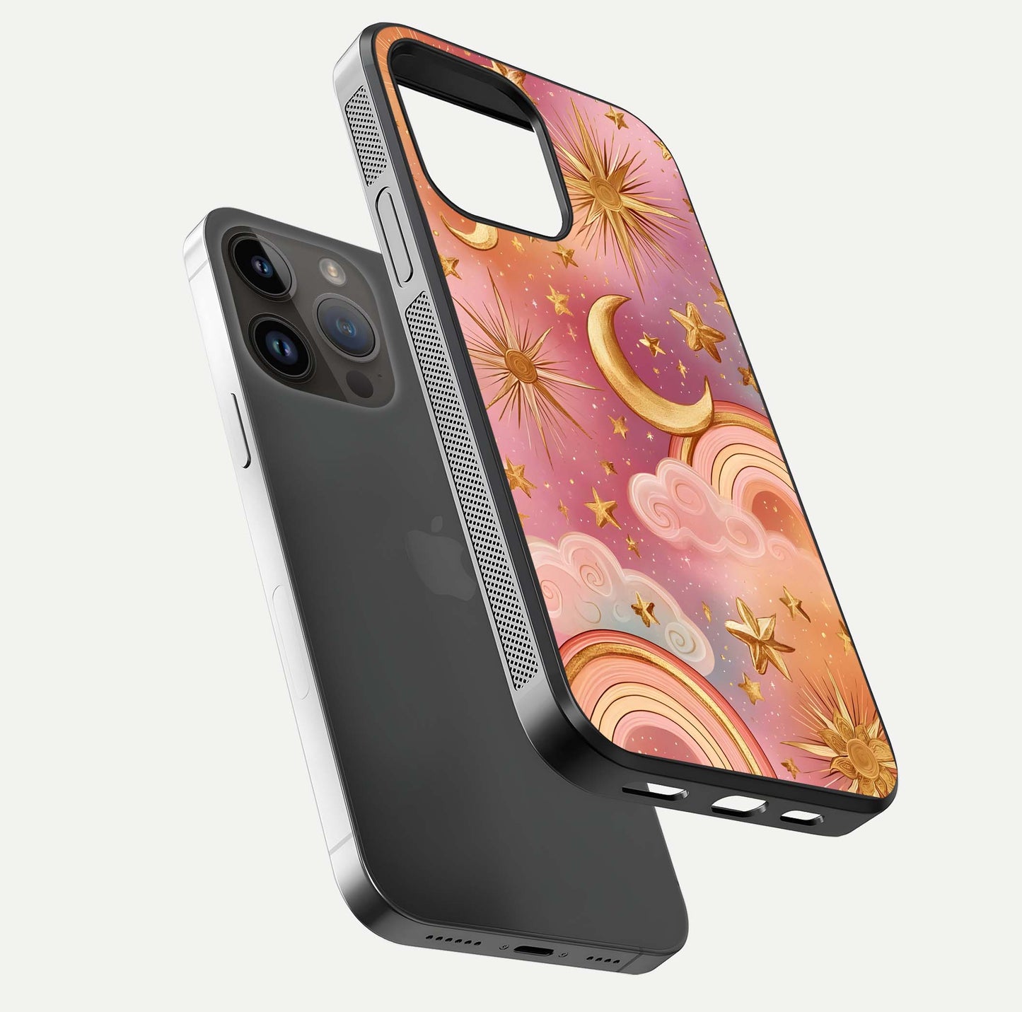 Golden Celestial Dreams Glass Case for iPhone 14 Pro Max floating dual-view mockup showing gloss surface and dream-like glow