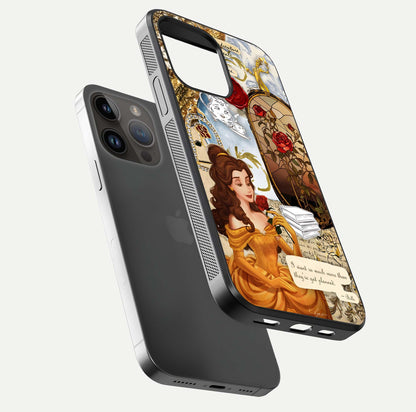 Golden Dream Belle Glass Case for iPhone 14 Pro Max floating dual-view mockup highlighting gloss texture and elegant shimmer