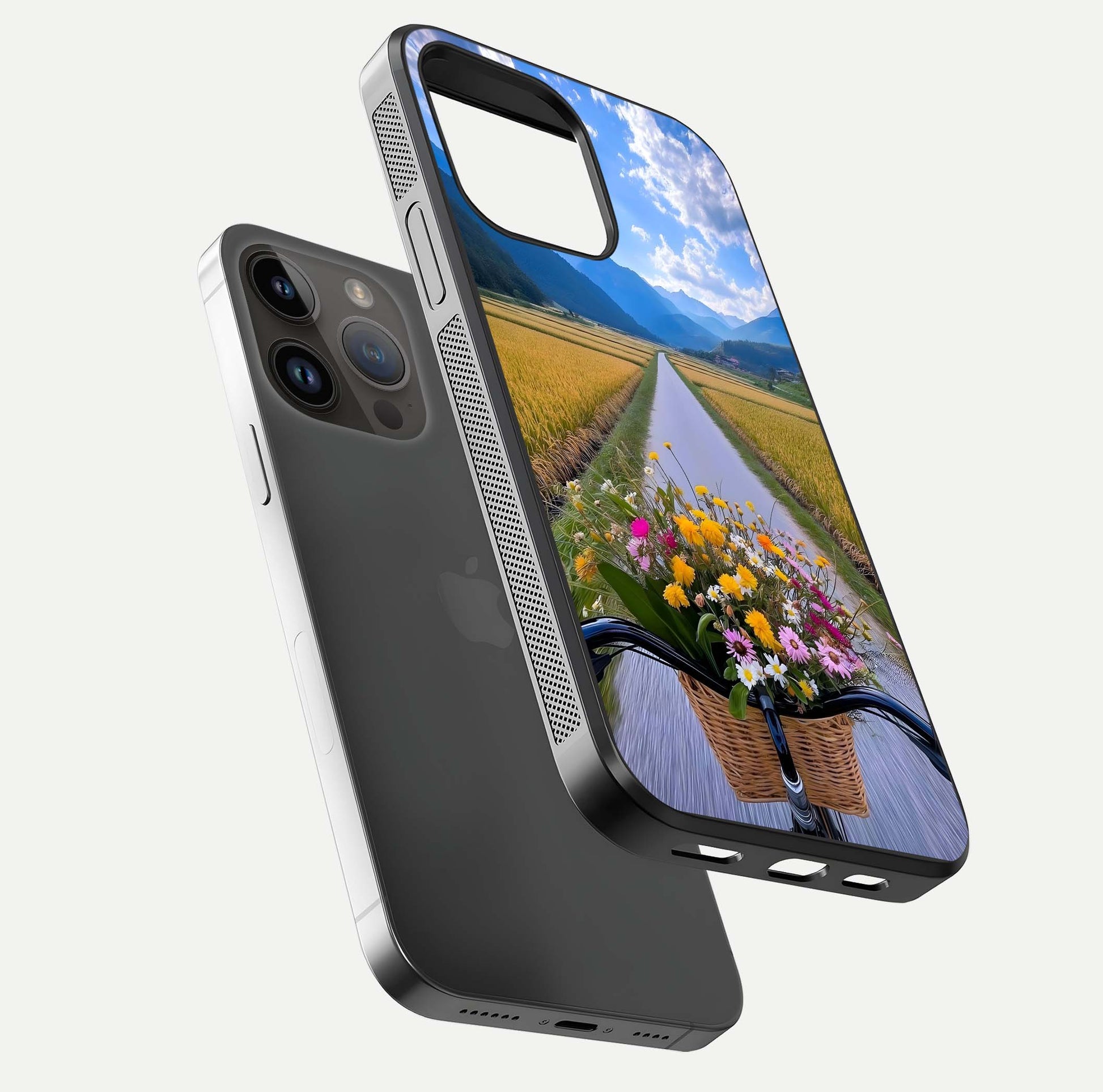 Golden Field Journey Glass Case for iPhone 14 Pro Max floating dual-view mockup showing gloss surface and field depth