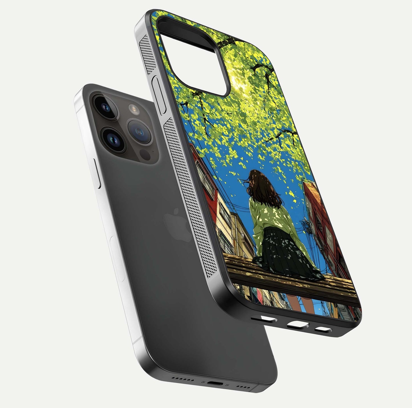 Golden Leaves Glow Glass Case for iPhone 14 Pro Max floating dual-view mockup showing gloss depth and gold-leaf detail
