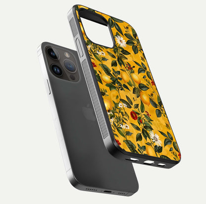 Golden Lemon Field Glass Case for iPhone 14 Pro Max floating dual-view mockup showing gloss shine and yellow-gold palette