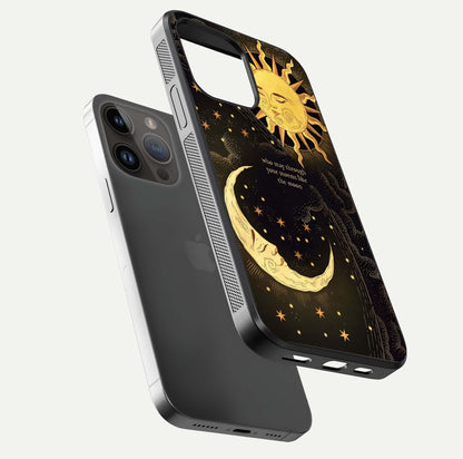 Golden Lunar Love Glass Case for iPhone 14 Pro Max floating dual-view mockup showing glossy glow and romantic theme