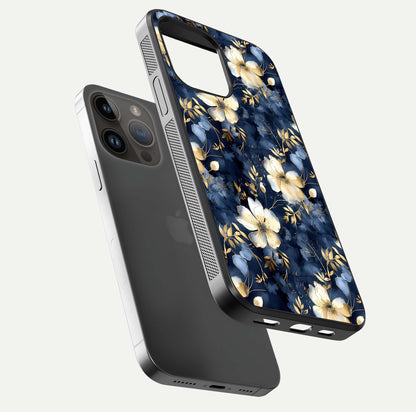 Golden Midnight Bloom Glass Case for iPhone 14 Pro Max floating dual-view mockup showing gloss polish and metallic reflection