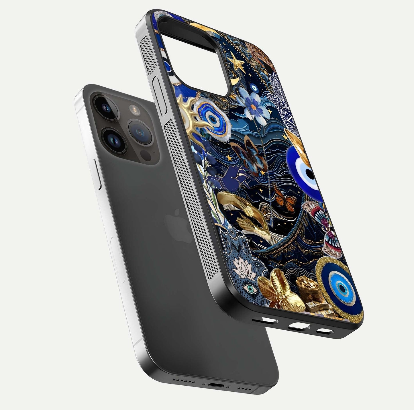 Golden Moon Magic Glass Case for iPhone 14 Pro Max floating dual-view mockup showing gloss texture and golden illumination