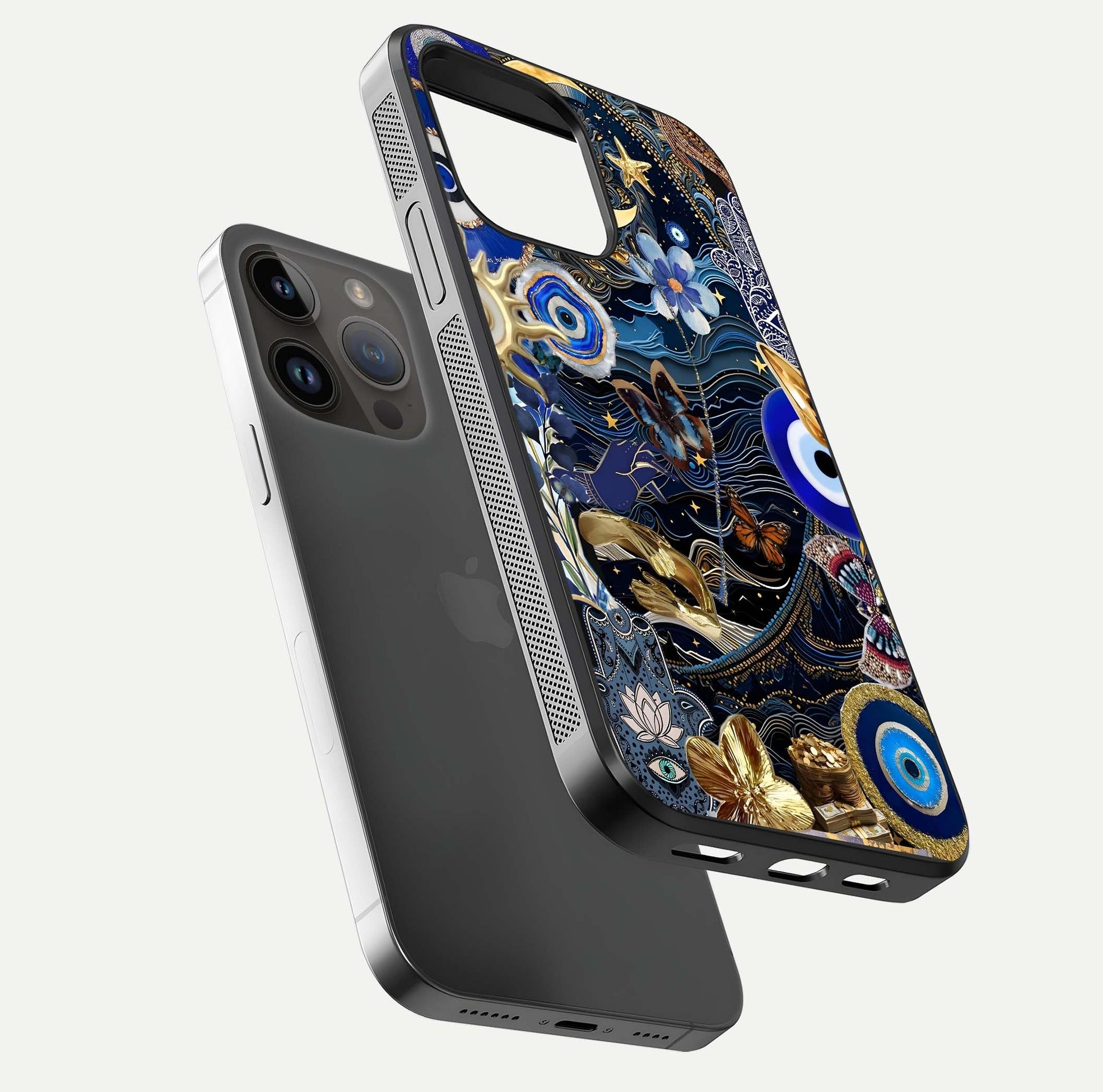 Golden Moon Magic Glass Case for iPhone 14 Pro Max floating dual-view mockup showing gloss texture and golden illumination