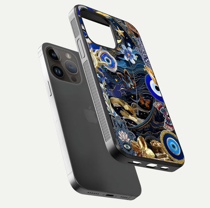 Golden Moon Magic Glass Case for iPhone 14 Pro Max floating dual-view mockup showing gloss texture and golden illumination