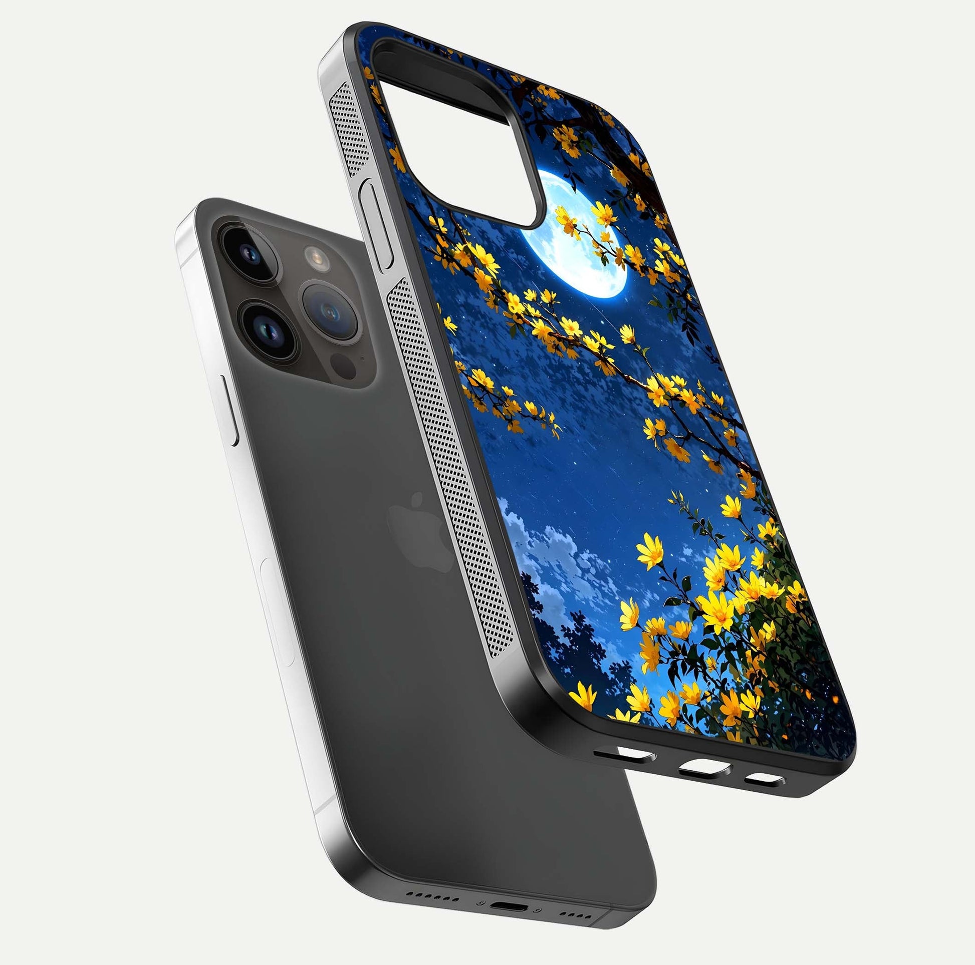 Golden Night Glow Glass Case for iPhone 14 Pro Max floating dual-view mockup showing gloss polish and luxury shine