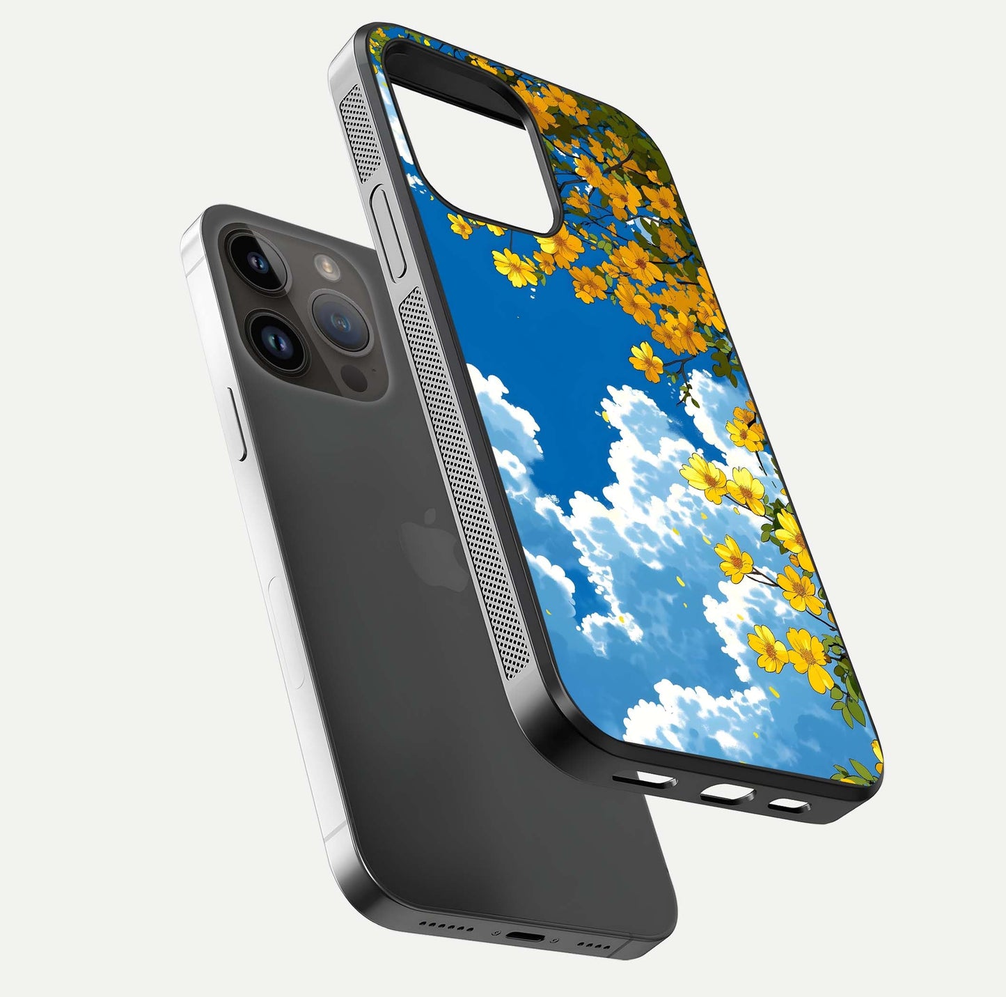 Golden Petal Sky Glass Case for iPhone 14 Pro Max floating dual-view mockup showing gloss brilliance and gold detail