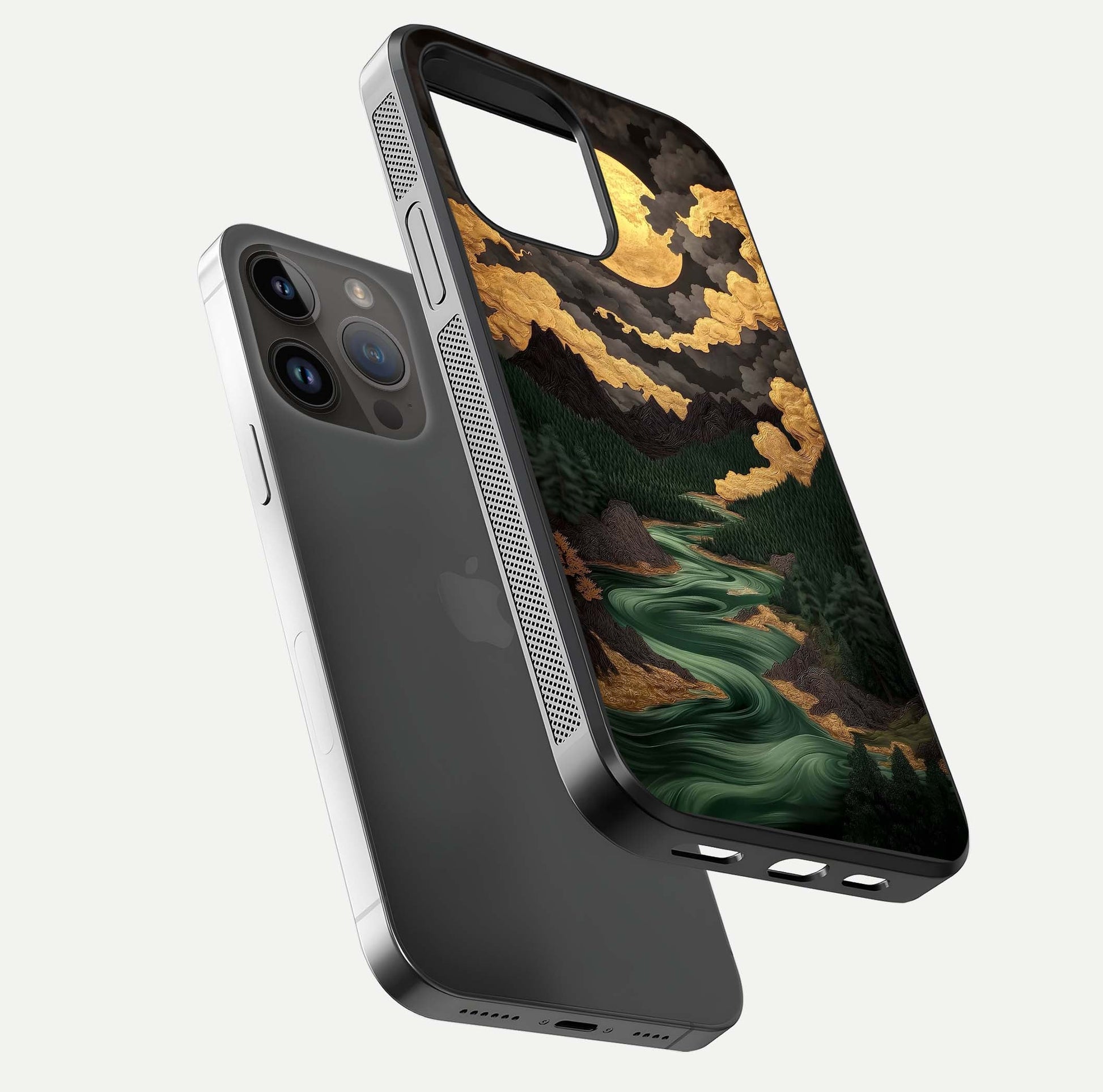 Golden River Moon Glass Case for iPhone 14 Pro Max floating dual-view mockup showing gloss surface and luxury tone