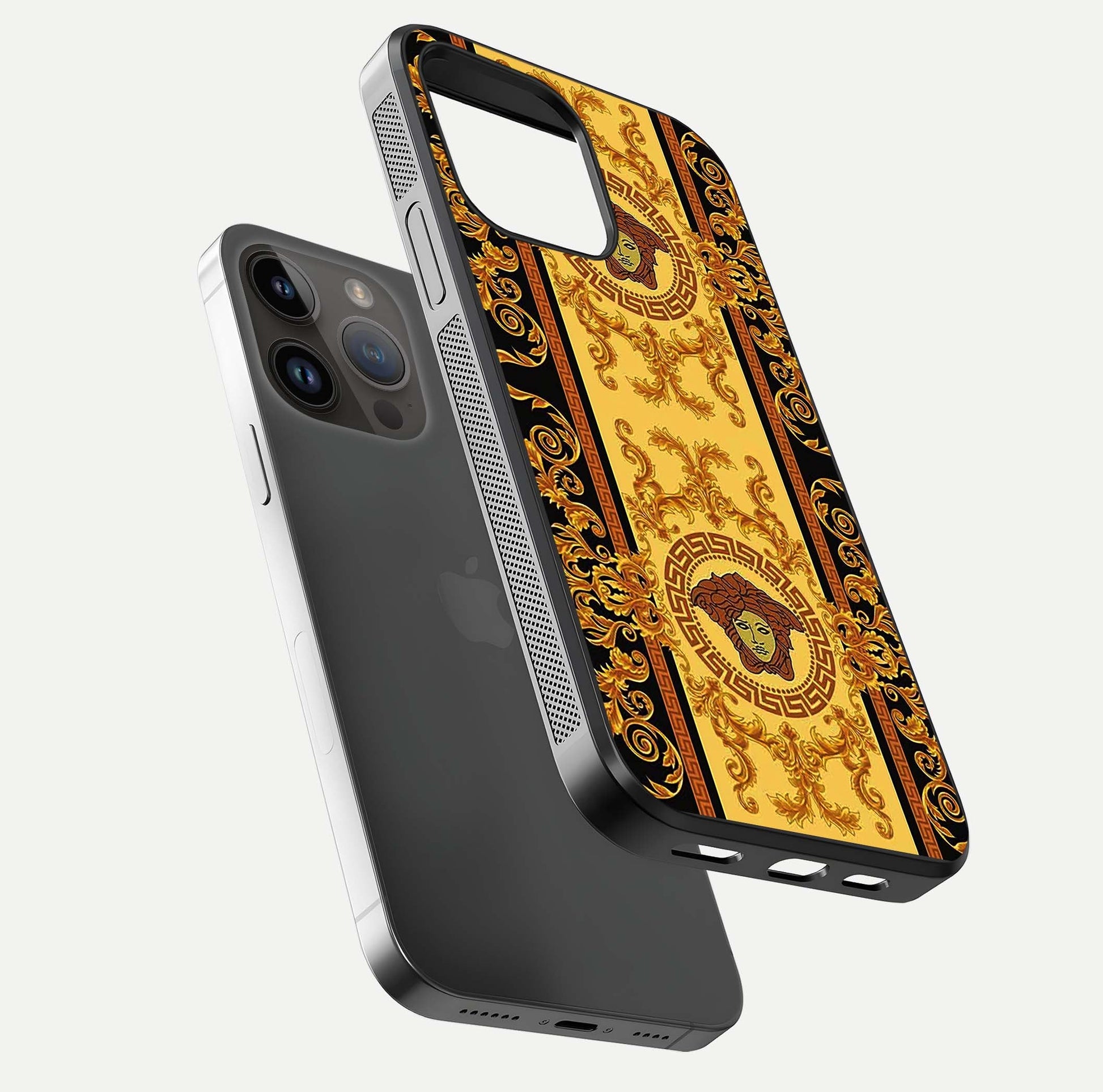 Golden Royal Heritage Glass Case for iPhone 14 Pro Max floating dual-view mockup showing glossy surface and rich regal tone