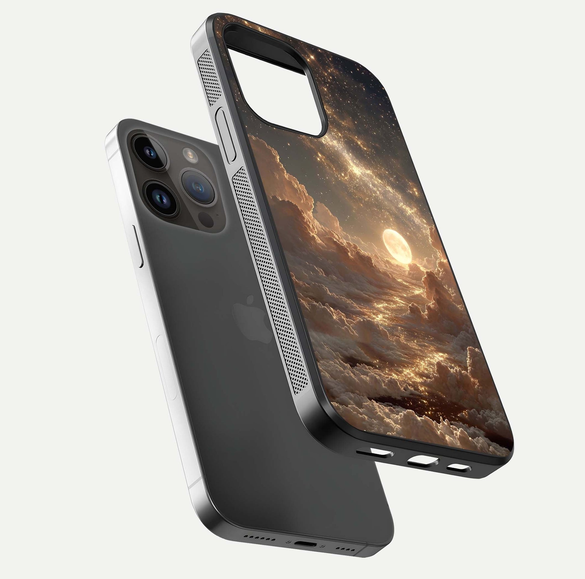 Golden Sky Dream Glass Case for iPhone 14 Pro Max floating dual-view mockup showing gloss depth and elegant finish