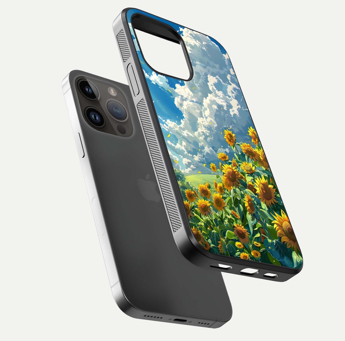 Golden Sun Glory Glass Case for iPhone 14 Pro Max floating dual-view mockup showing gloss shine and premium surface
