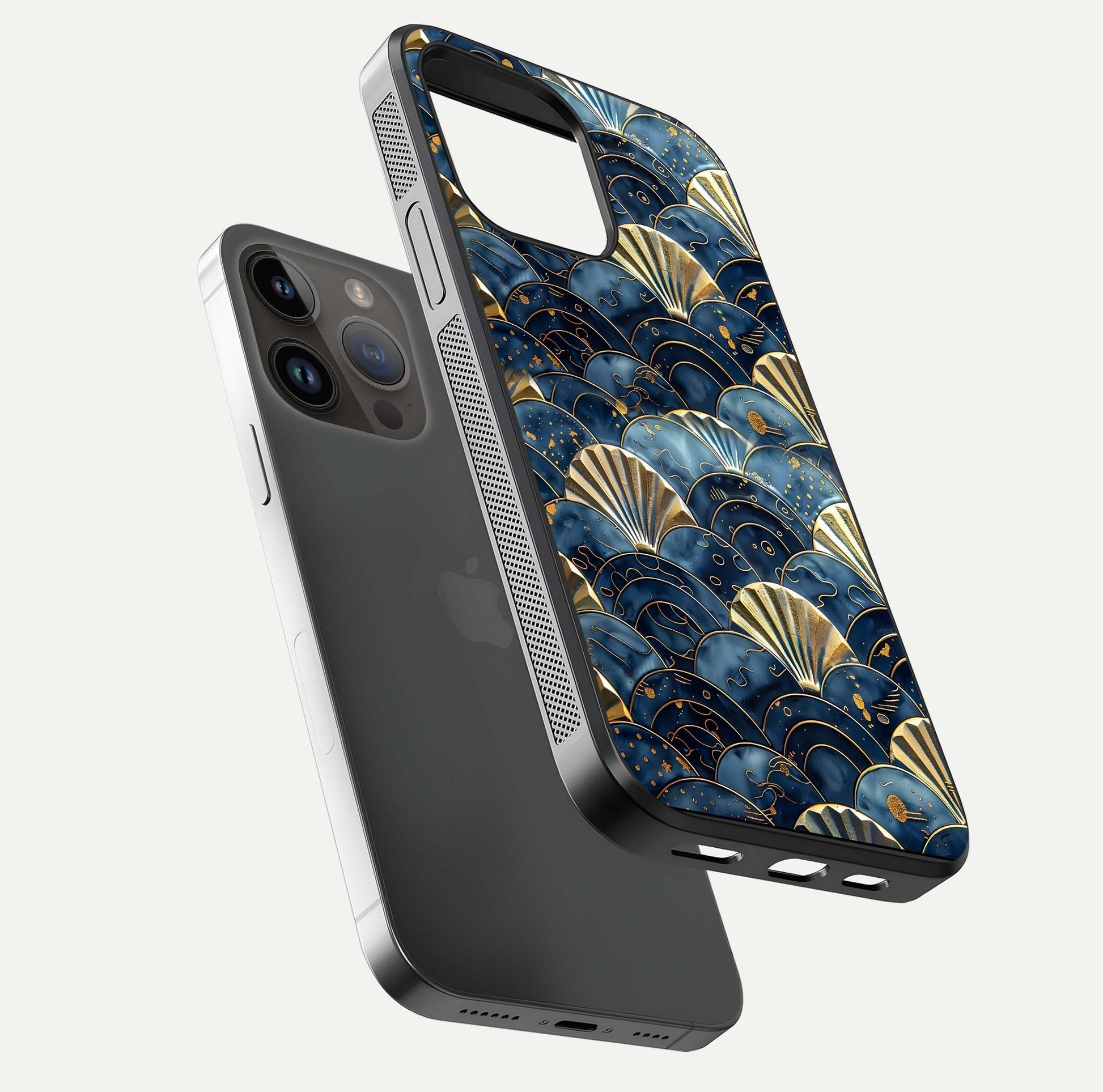 Golden Wave Luxe Glass Case for iPhone 14 Pro Max floating dual-view mockup showing gloss surface and shimmering tones
