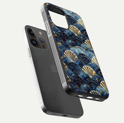 Golden Wave Luxe Glass Case for iPhone 14 Pro Max floating dual-view mockup showing gloss surface and shimmering tones