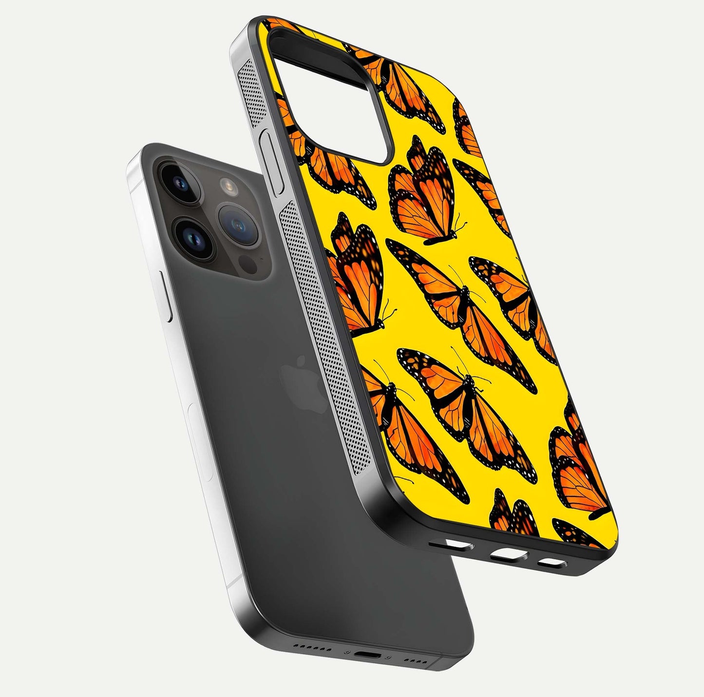 Golden Wing Flight Glass Case for iPhone 14 Pro Max floating dual-view mockup showing gloss reflection and luxury tone