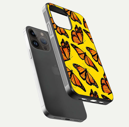 Golden Wing Flight Glass Case for iPhone 14 Pro Max floating dual-view mockup showing gloss reflection and luxury tone