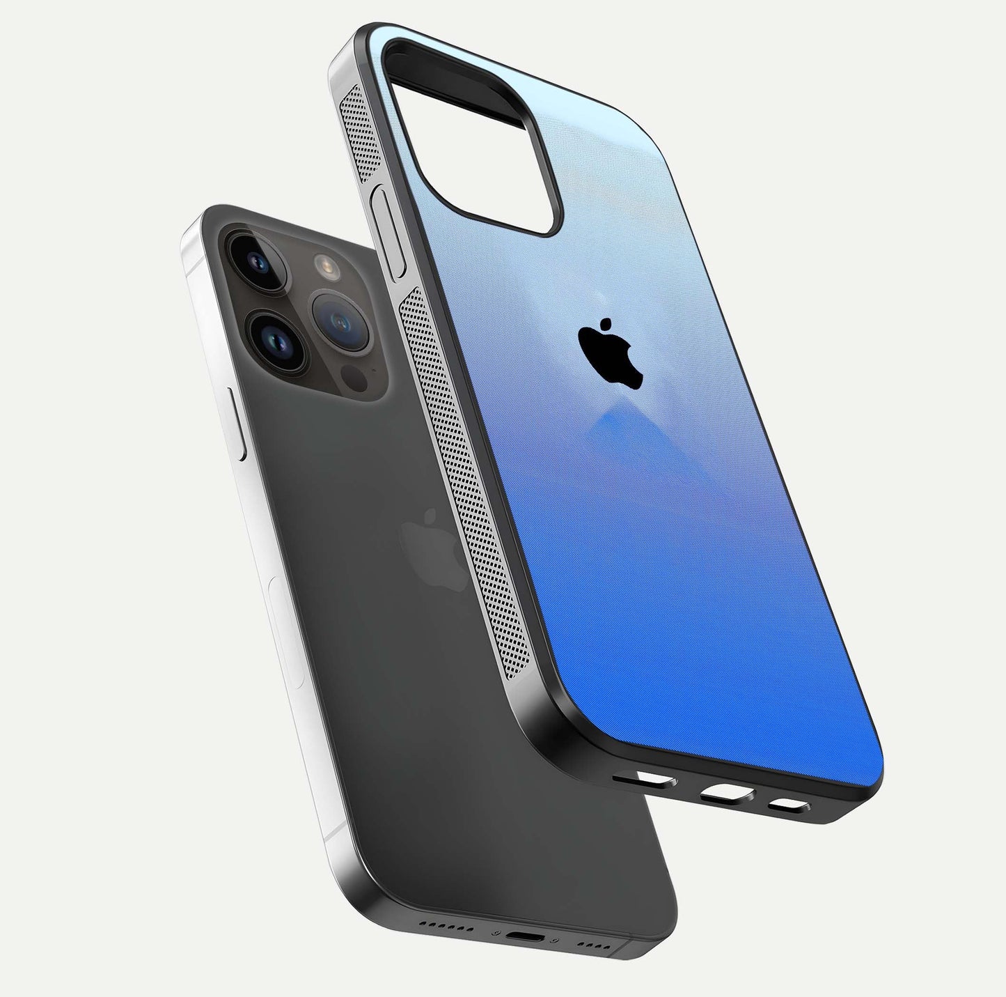 Gradient Apple Vibe Glass Case for iPhone 14 Pro Max floating dual-view mockup showing gloss polish and gradient blend