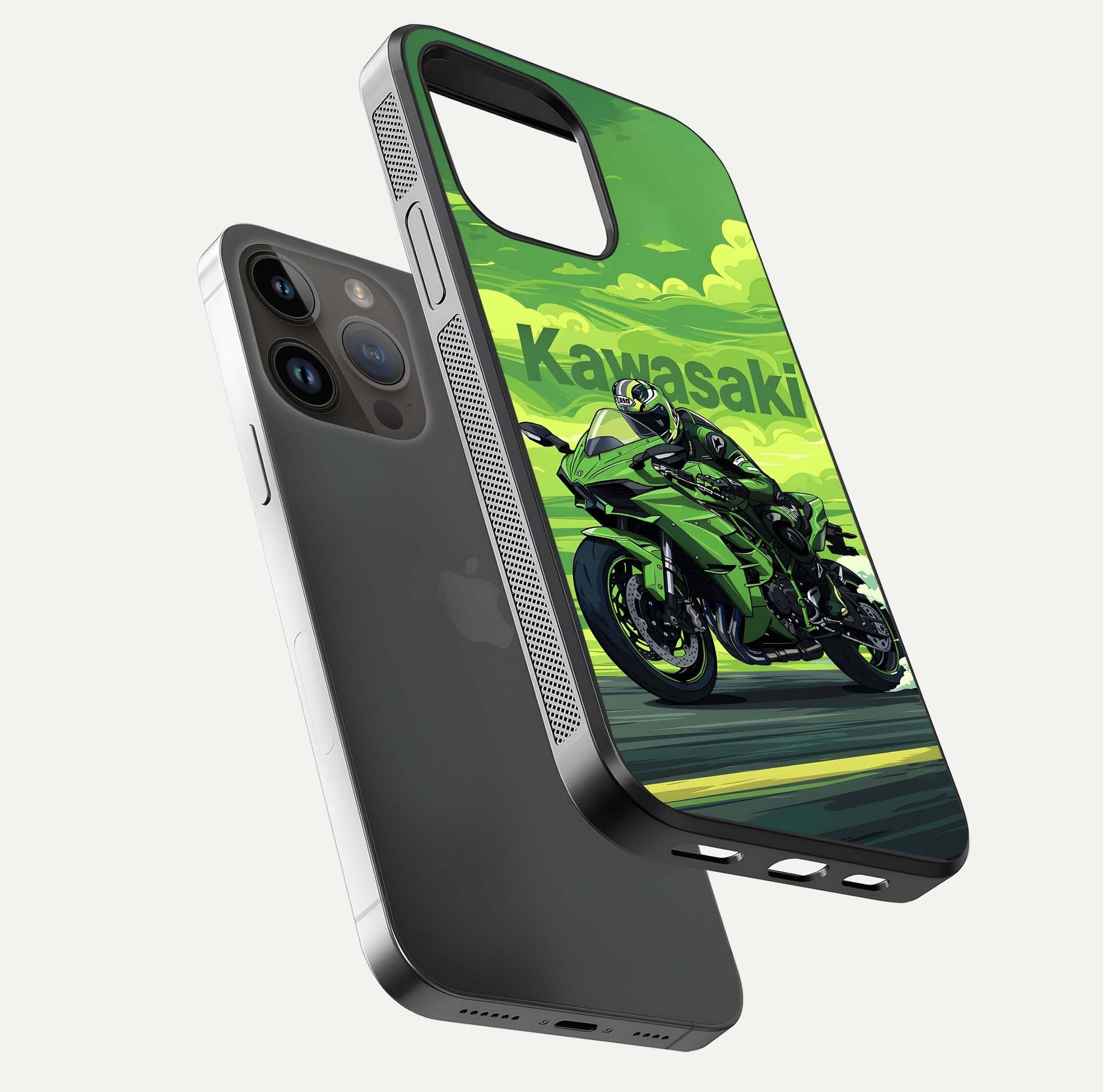 Green Kawasaki Glass Case for iPhone 14 Pro Max floating dual-view mockup showing gloss surface and power-bike theme