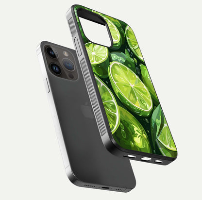 Green Lemon Glass Case for iPhone 14 Pro Max floating dual-view mockup showing glossy surface and fruity freshness