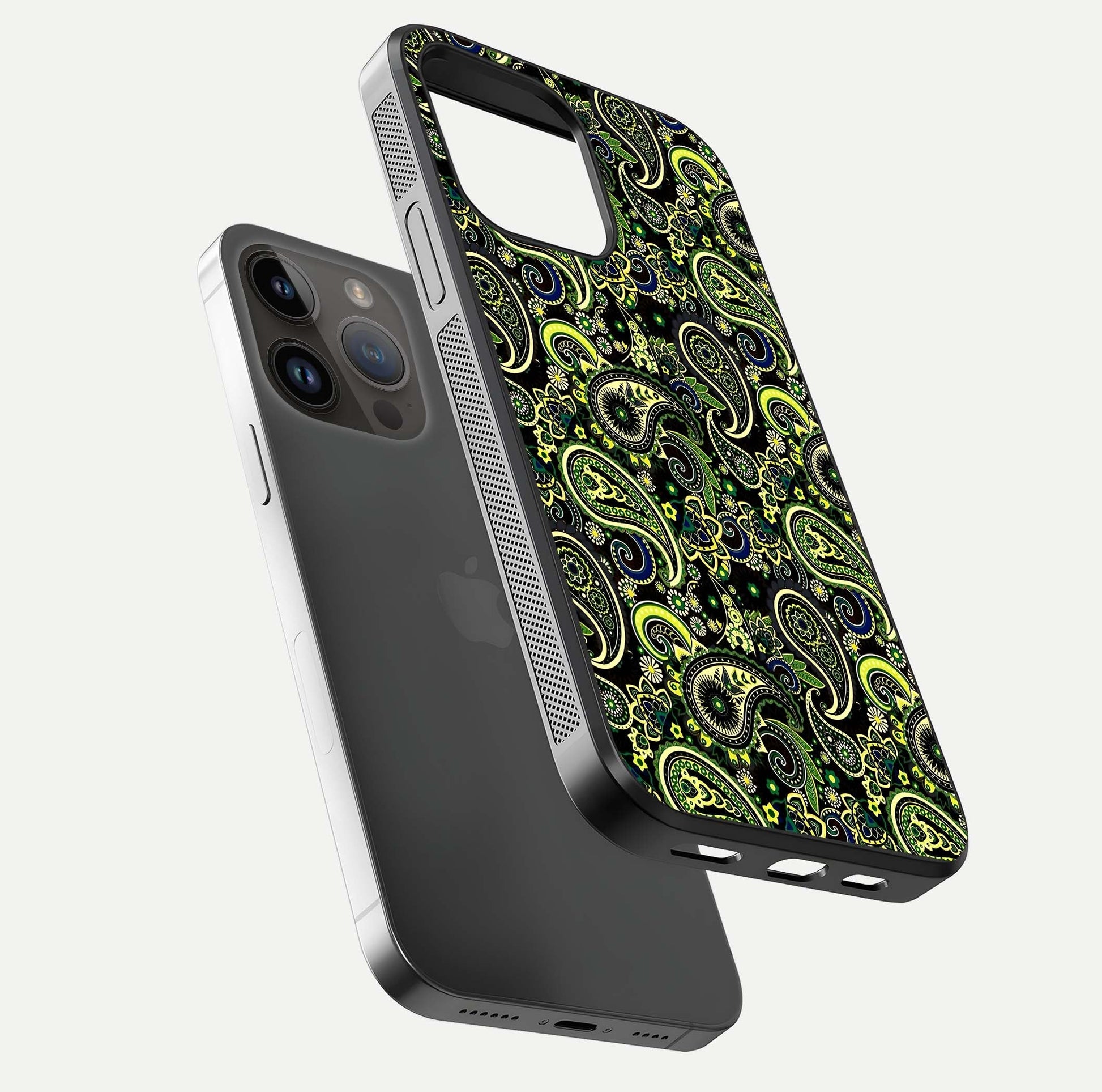Green Mandala Pattern Glass Case for iPhone 14 Pro Max floating dual-view mockup showing gloss texture and symmetry shine