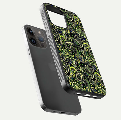 Green Mandala Pattern Glass Case for iPhone 14 Pro Max floating dual-view mockup showing gloss texture and symmetry shine