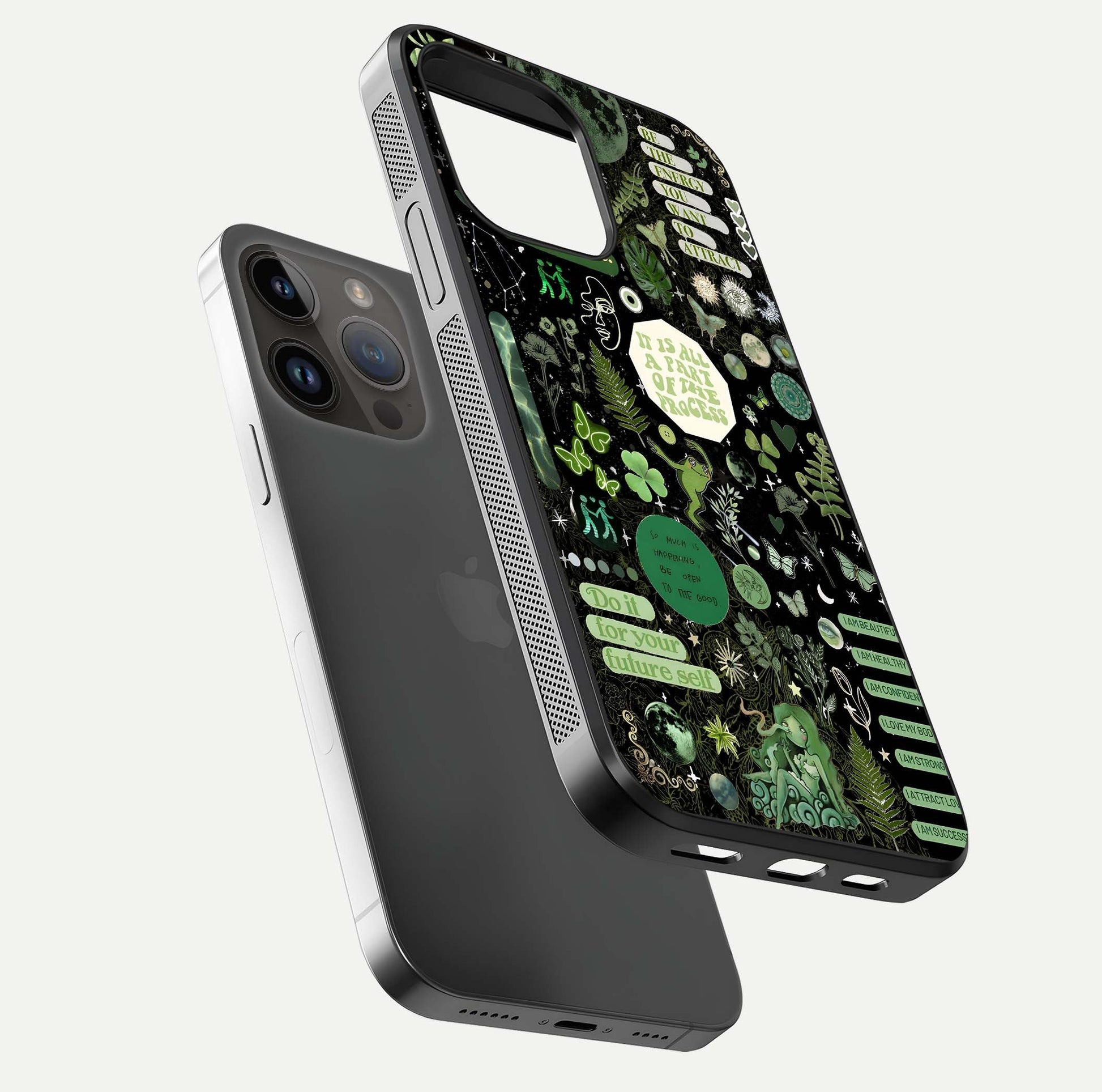 Green Moon Energy Glass Case for iPhone 14 Pro Max floating dual-view mockup showing glossy texture and energy aura