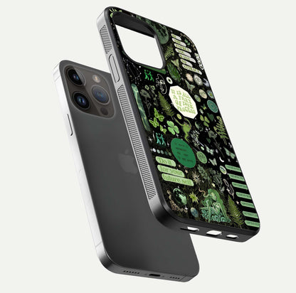 Green Moon Energy Glass Case for iPhone 14 Pro Max floating dual-view mockup showing glossy texture and energy aura