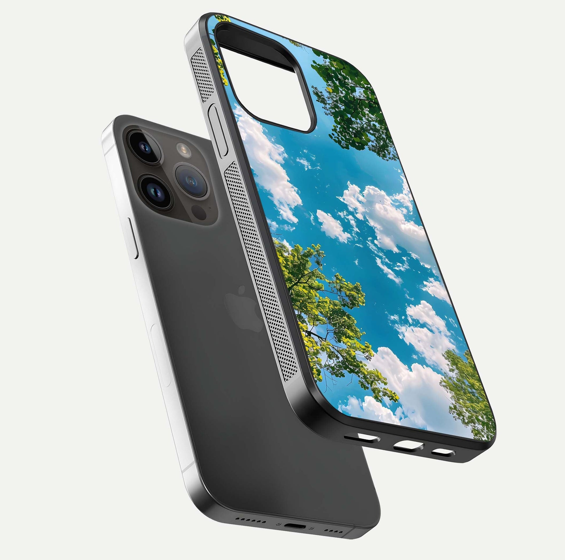 Greenery Sky Glass Case for iPhone 14 Pro Max floating dual-view mockup showing glossy shine and soft natural tones
