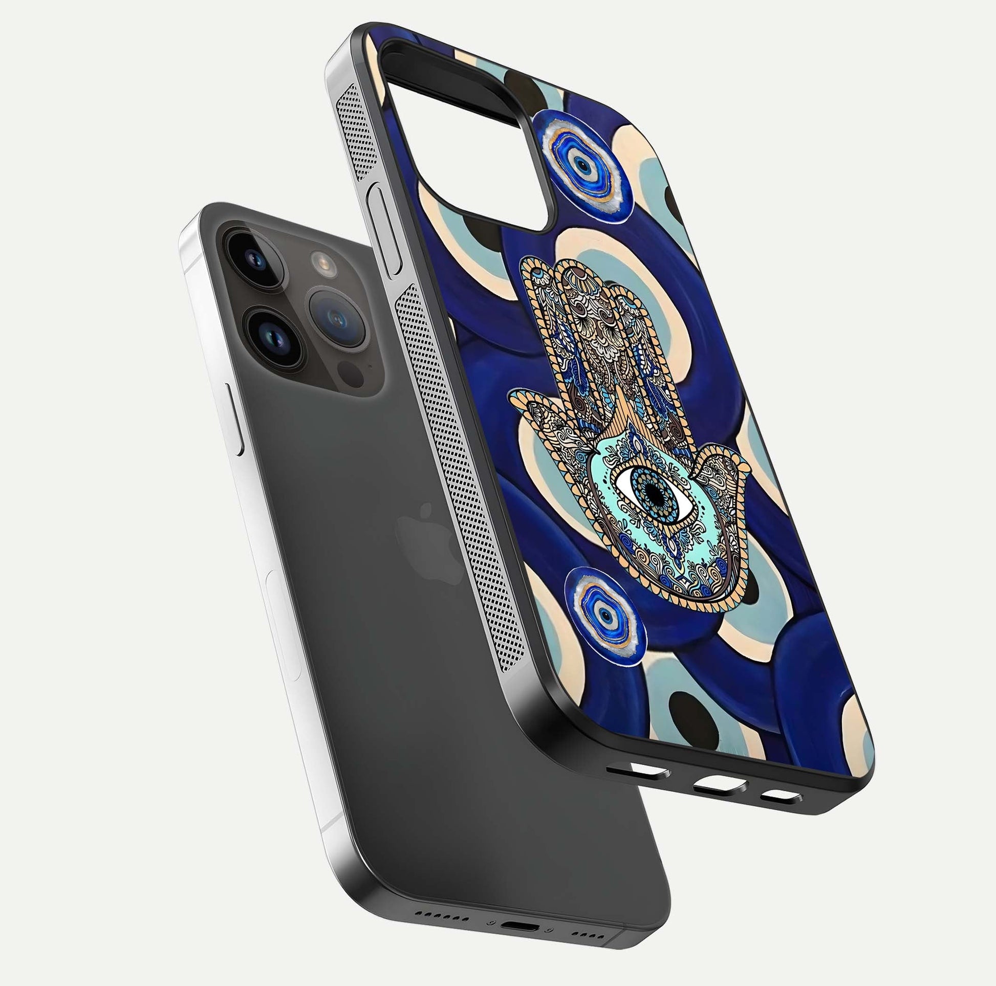 Hamsa Divine Guard Glass Case for iPhone 14 Pro Max floating dual-view mockup showing gloss shine and mystical pattern