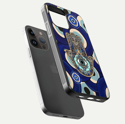 Hamsa Divine Guard Glass Case for iPhone 14 Pro Max floating dual-view mockup showing gloss shine and mystical pattern