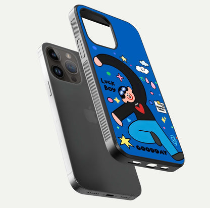 Happy Luck Vibe Glass Case for iPhone 14 Pro Max floating dual-view mockup showing glossy tone and bright finish