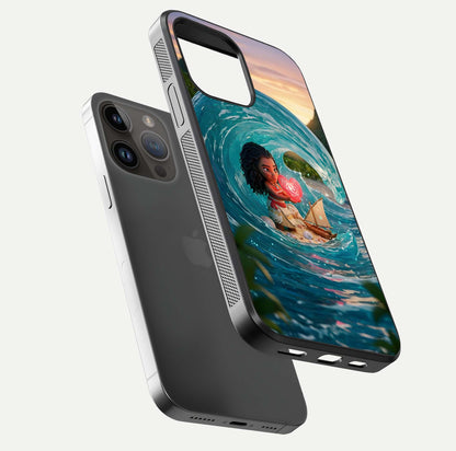 Heart of Ocean Glass Case for iPhone 14 Pro Max floating dual-view mockup showing gloss surface and aquatic design