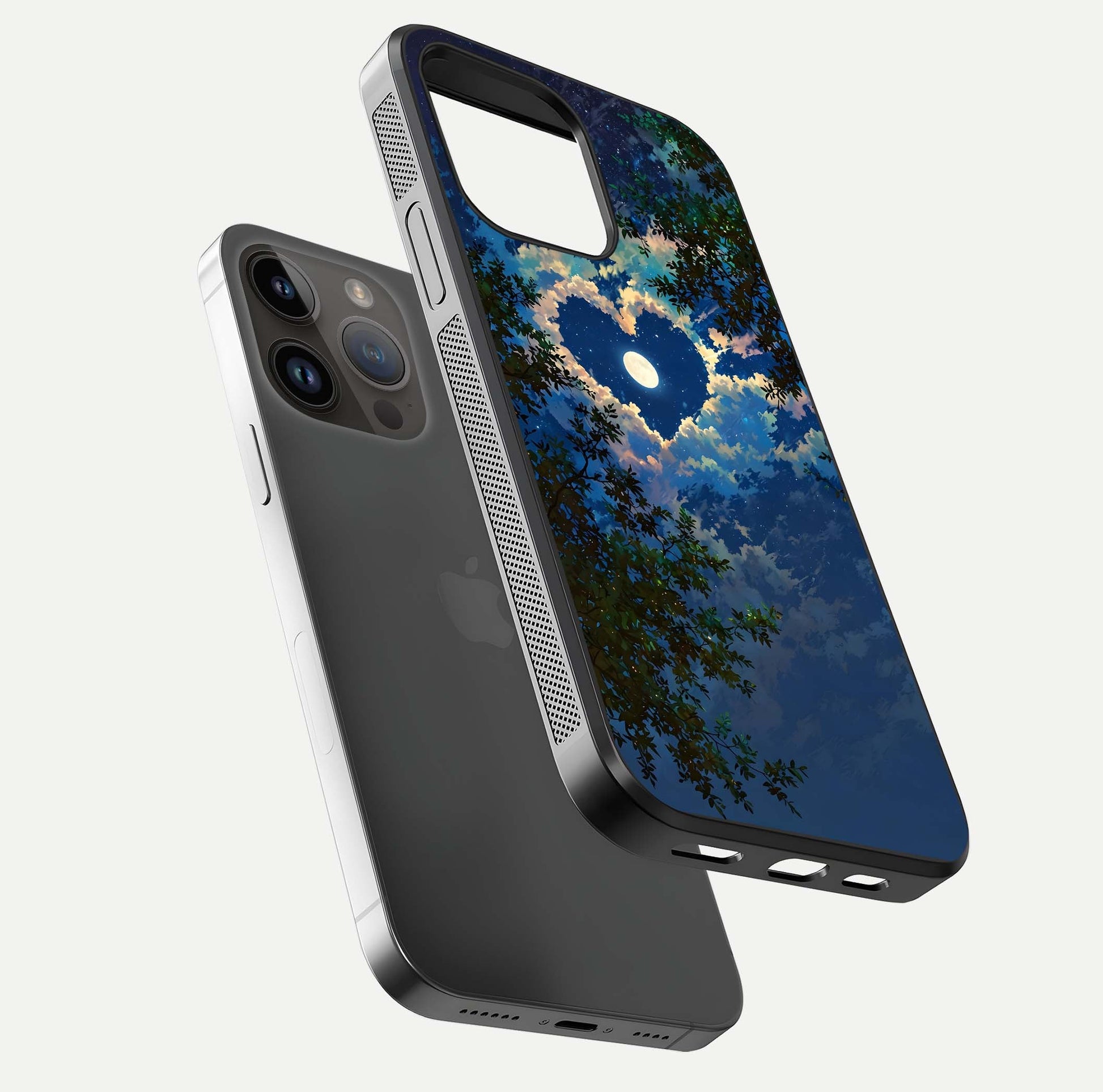 Heart with Moon Sky Glass Case for iPhone 14 Pro Max floating dual-view mockup showing gloss texture and romantic sky glow