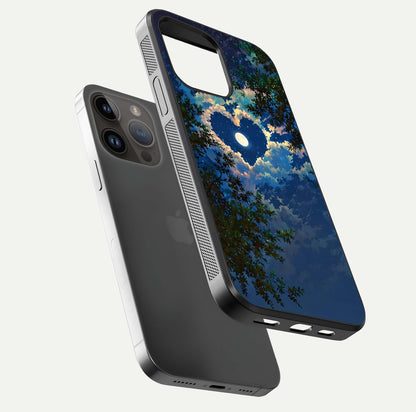 Heart with Moon Sky Glass Case for iPhone 14 Pro Max floating dual-view mockup showing gloss texture and romantic sky glow