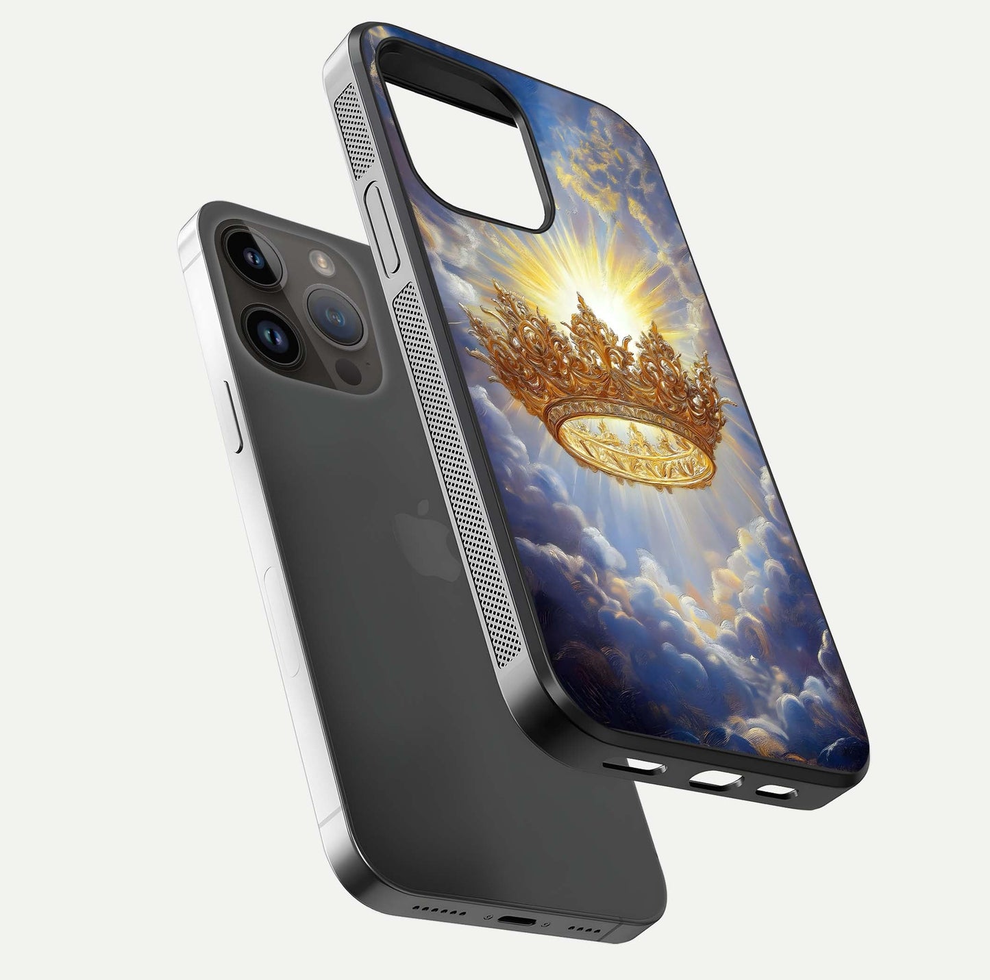 Heavenly Crown Light Glass Case for iPhone 14 Pro Max floating dual-view mockup showing gloss shine and luminous crown texture