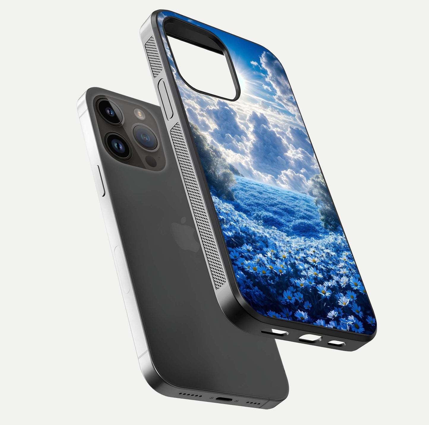 Heavenly Daisy Horizon Glass Case for iPhone 14 Pro Max floating dual-view mockup showing gloss polish and soft pastel background