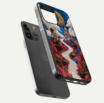 Heavenly Moon Path Glass Case for iPhone 14 Pro Max floating dual-view mockup showing gloss surface and celestial pathway