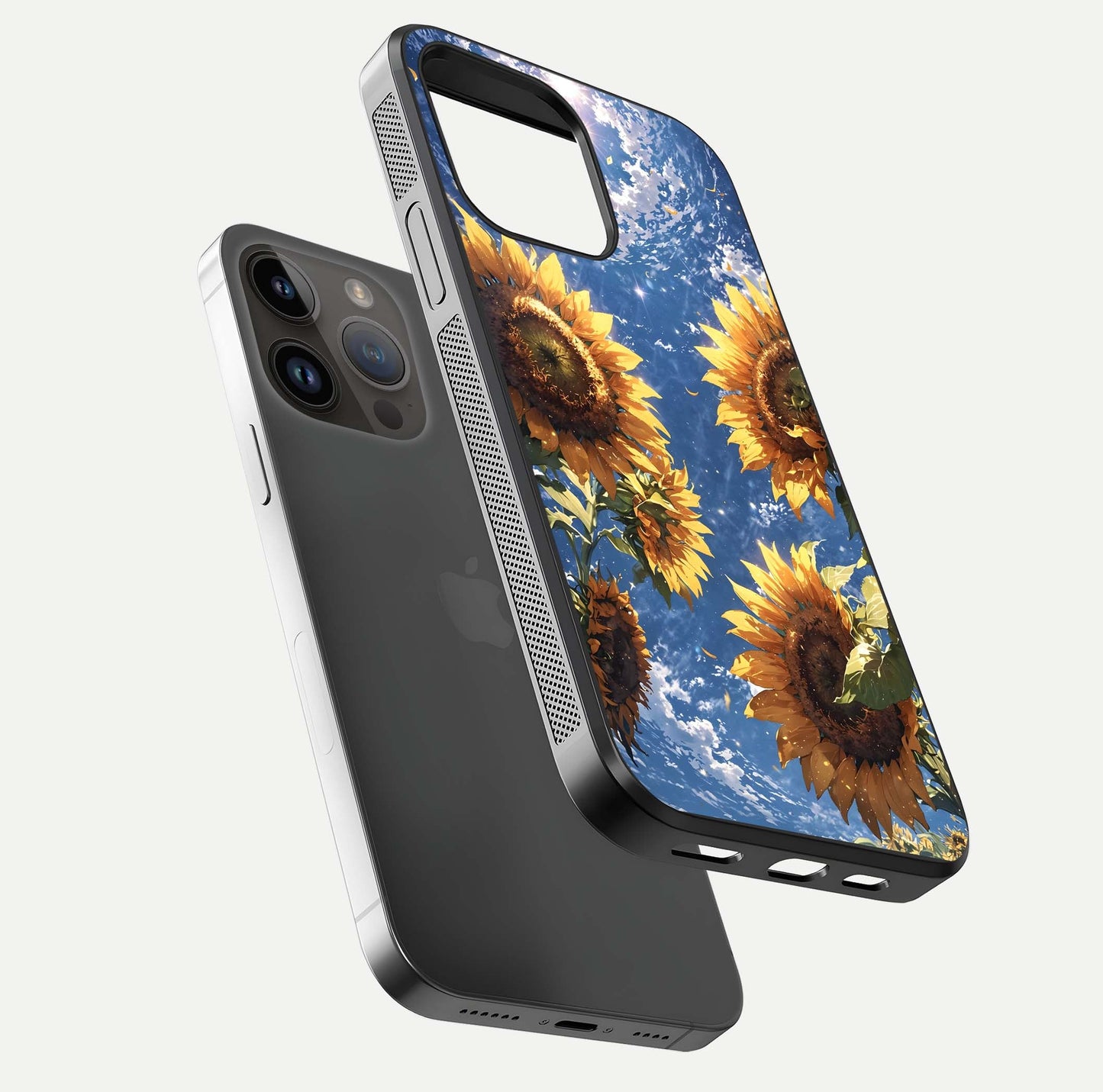 Heavenly Sunflower Rise Glass Case for iPhone 14 Pro Max floating dual-view mockup showing gloss brightness and morning-light feel