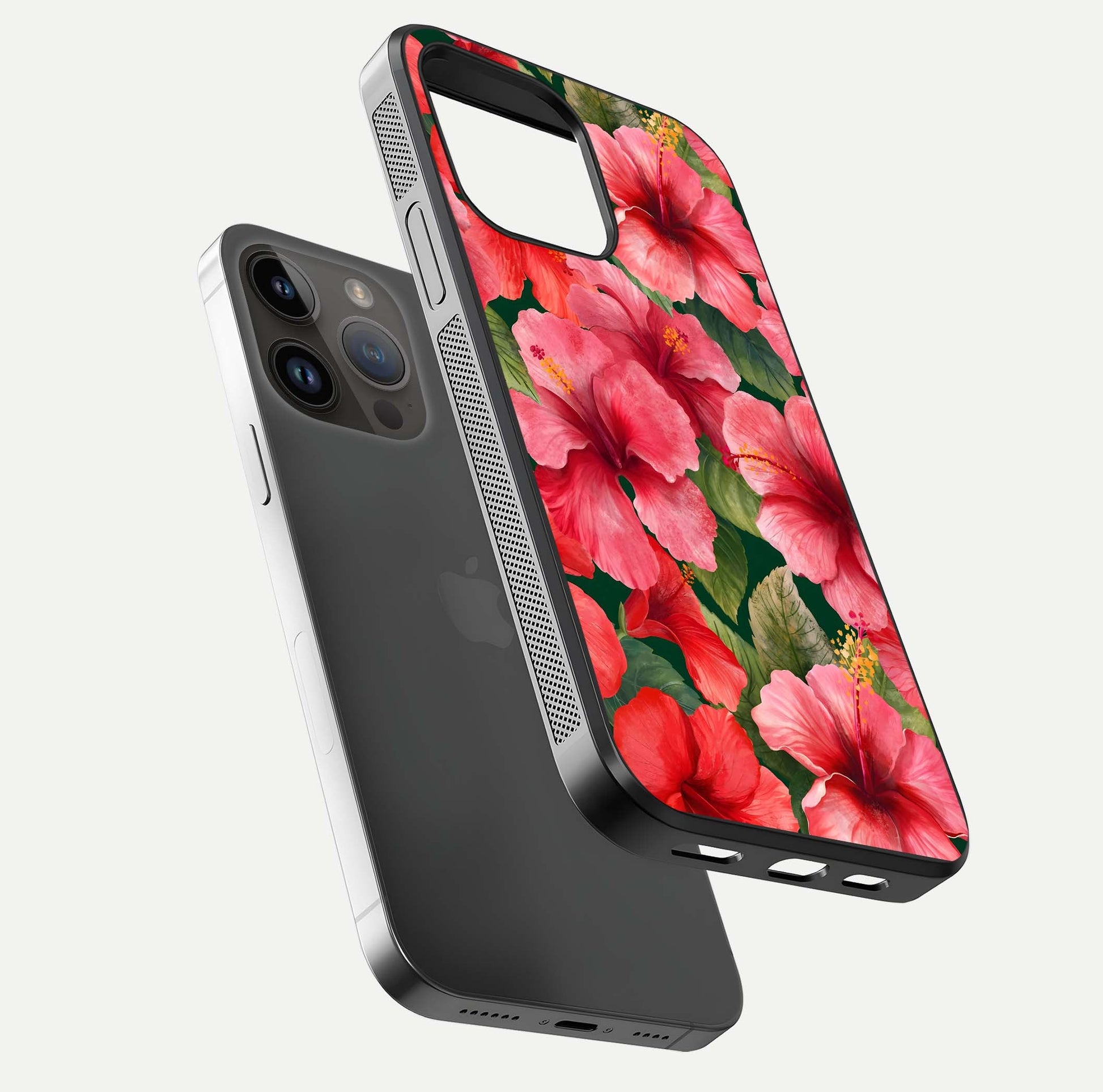Hibiscus Pattern Glass Case for iPhone 14 Pro Max floating dual-view mockup showing glossy texture and vivid color depth