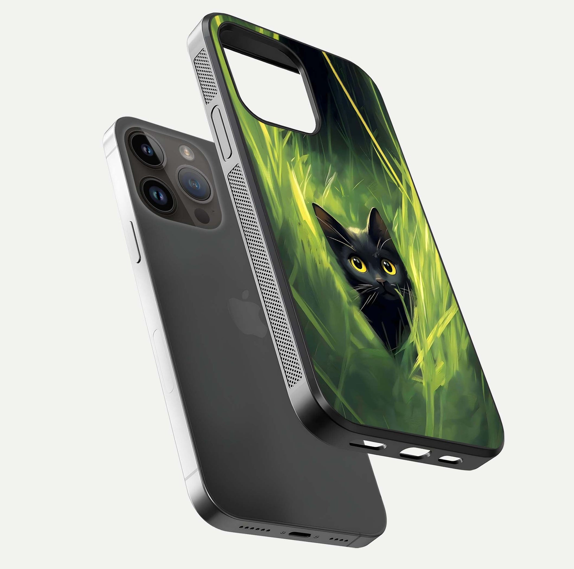 Hidden Cat Whisper Glass Case for iPhone 14 Pro Max floating dual-view mockup showing glossy tone and elegant cat silhouette