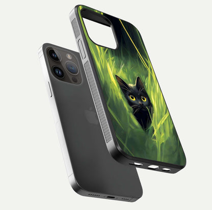 Hidden Cat Whisper Glass Case for iPhone 14 Pro Max floating dual-view mockup showing glossy tone and elegant cat silhouette