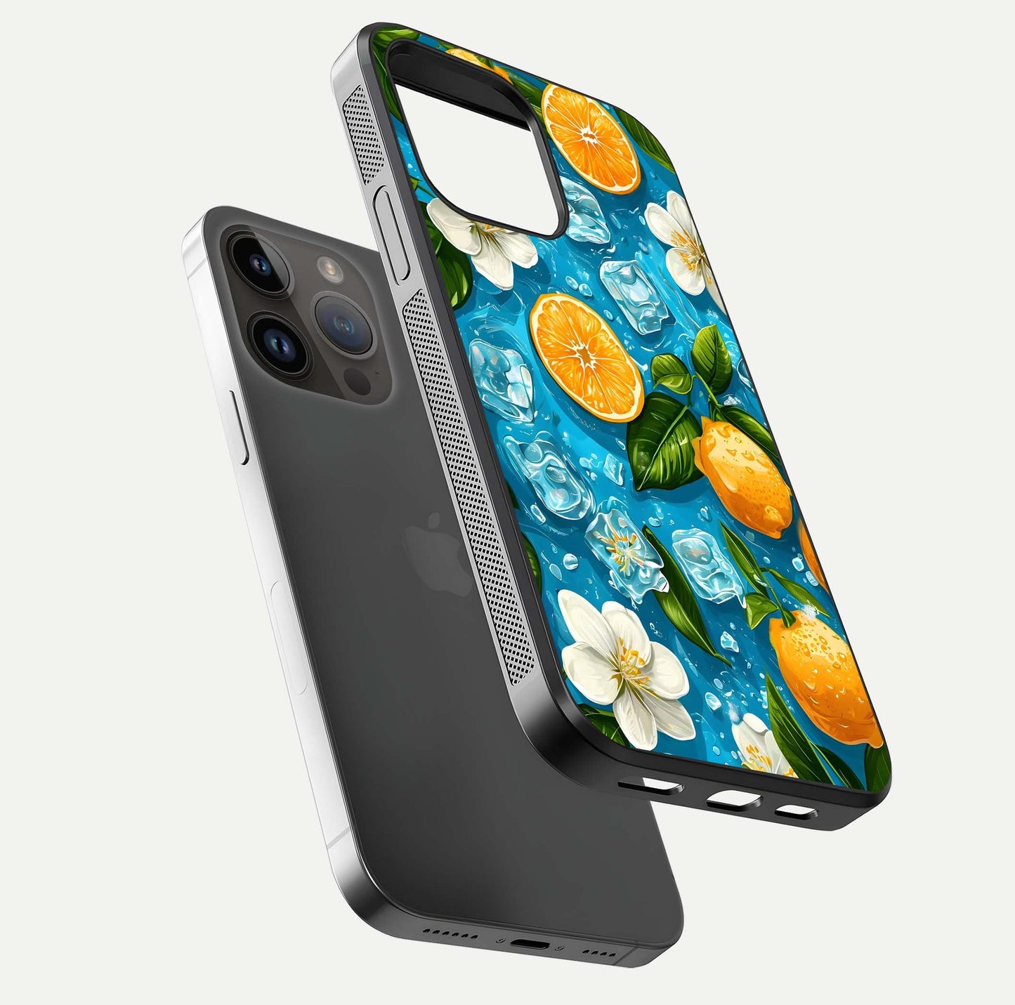 Ice Cube With Orange Glass Case for iPhone 14 Pro Max floating dual-view mockup showing glossy shine and cool refreshing tone