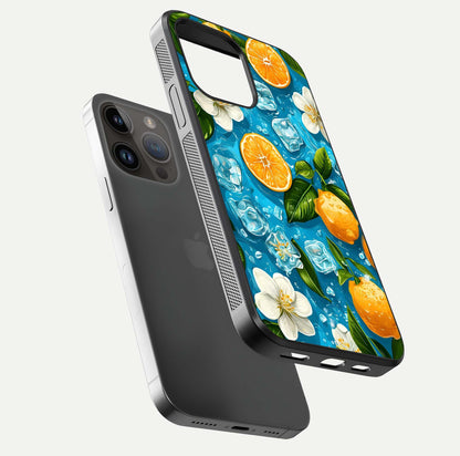 Ice Cube With Orange Glass Case for iPhone 14 Pro Max floating dual-view mockup showing glossy shine and cool refreshing tone